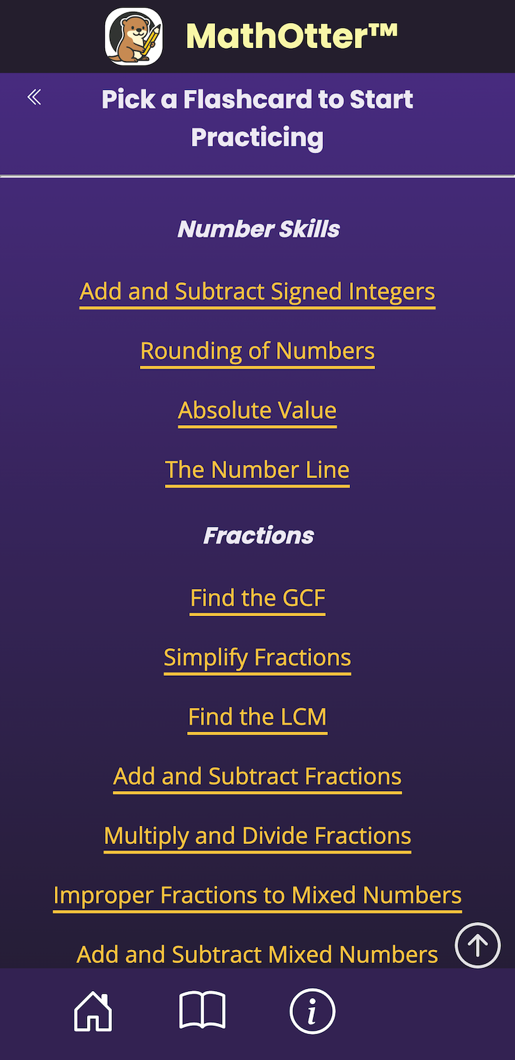 Menu of topics for math skills category